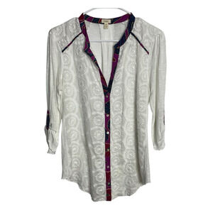 Tiny Anthropologie Lace Embroidered Shirt Womens M White Slub Silk‎ Blend Boho